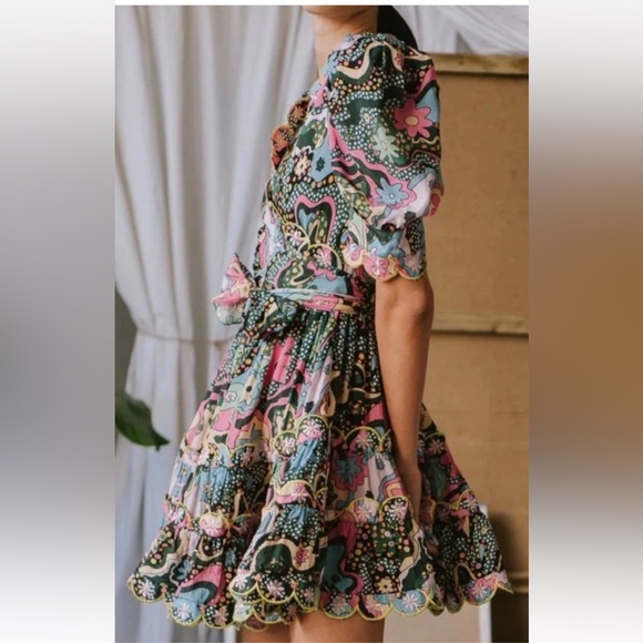 CeliaB Hortensia Mini Short Puff Sleeve Floral Belted Dress Sz XS - Picture 3 of 9